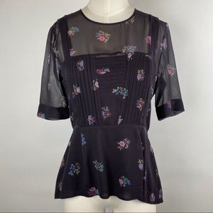 Veronica Beard Black & Floral Blouse Pleating